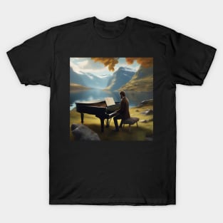 A Pianist Playing The Piano Near A Fjord In Norway. T-Shirt